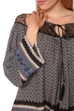 Gray Paisley Print Blouse With Cage Lace Neckline