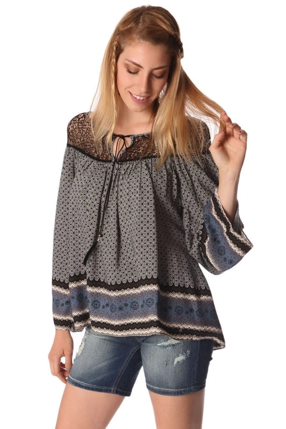 Gray Paisley Print Blouse With Cage Lace Neckline