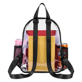 Clear backpack with black straps containing drinks on a white background