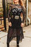 Horse Cowboy Printed Mesh Maxi Ruffle Long Sleeve Dress