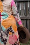 Baha Ranch Retro Pop Western Desert Cowboy Button Up Shirt Dress Duster Kimono