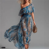 Peacock Blue Leopard Print Chiffon Off-Shoulder Dress