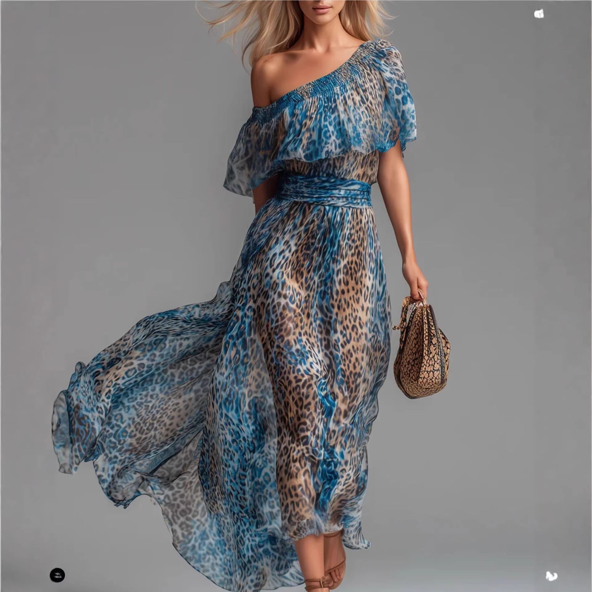 Peacock Blue Leopard Print Chiffon Off-Shoulder Dress Peacock Blue / M