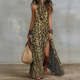 Woman wearing a leopard print dress with a textured background