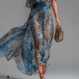 Peacock Blue Leopard Print Chiffon Off-Shoulder Dress