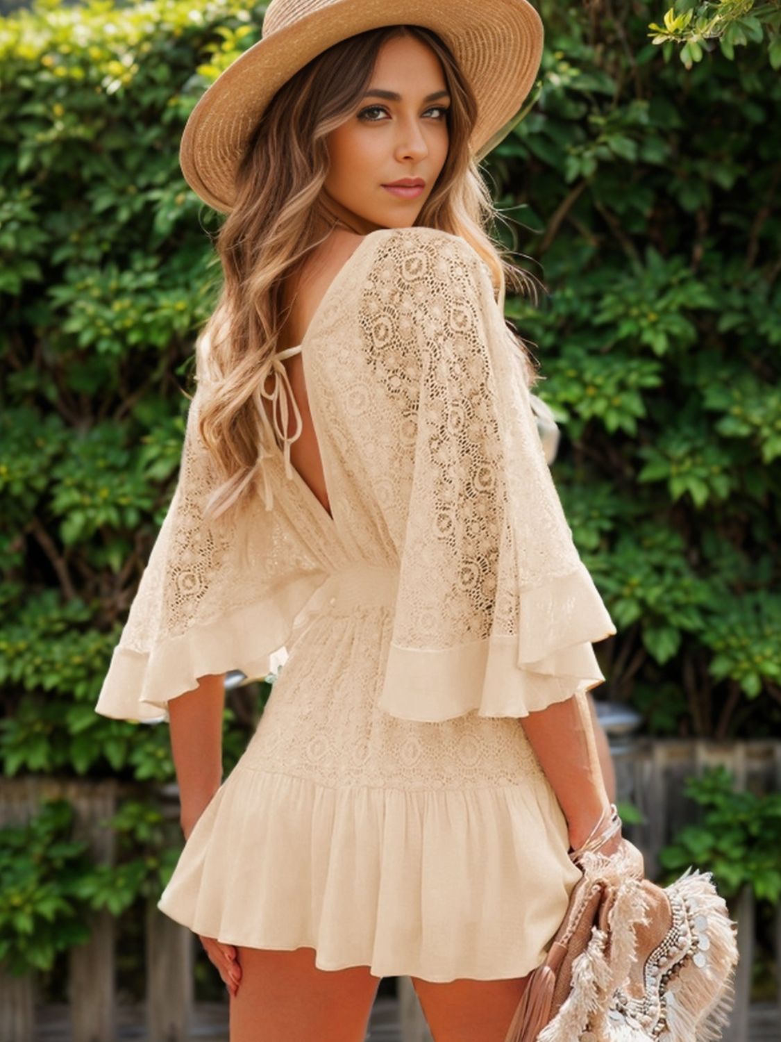 Ruffle Hem Tie Back Lace Mini Dress Ruffle Hem Tie Back Lace Mini Dress