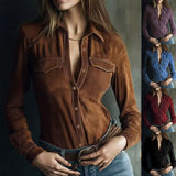 Deerskin Velvet Long Sleeve Patchwork Blouse | Retro Style