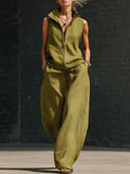 Women's Sleeveless Zippered Linen Two-Piece Set