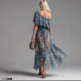 Peacock Blue Leopard Print Chiffon Off-Shoulder Dress