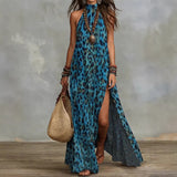 Woman wearing a blue leopard print dress with a neutral background