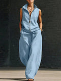 Women's Sleeveless Zippered Linen Two-Piece Set