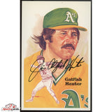 Postcard card of Catfish Hunter in an Oakland Athletics uniform with an autograph and team logo.