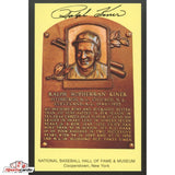 Baseball Hall of Fame plaque with Ralph McPherran Kiner's name and achievements on a yellow background.