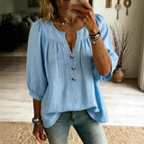 Women's Linen Three-Quarter Sleeve Buttoned T-Shirt – Loose Fit, Casual Chic