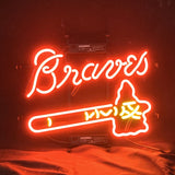 Neon sign with 'Braves' and a logo on a dark background