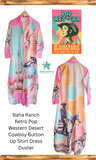 Colorful shirt dress with cowboy design on a white background, featuring Baha Ranch branding.