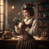 Steampunk woman in a room with books and mechanical devices