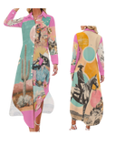 Colorful dress with cowboy and desert scene print on a white background