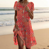 Ethnic Print Midi Dress – Scoop Neck Geometric Pattern