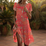 Ethnic Print Midi Dress – Scoop Neck Geometric Pattern
