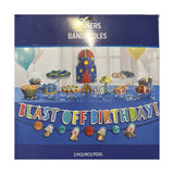 Space-themed birthday party decorations with 'Blast Off Birthday!' banner