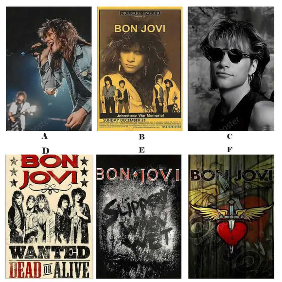 Bon Jovi posters  with a focus on band members and album covers.