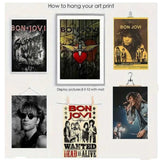 Collection of Bon Jovi posters with pictures showing how to hang them.