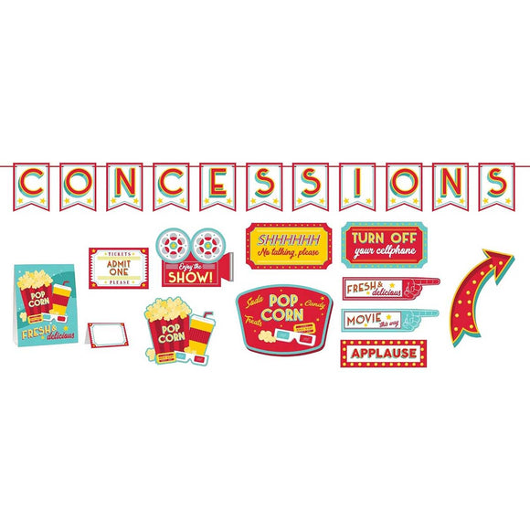 Collection of colorful movie concession stand-themed decorations.