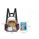 Transparent backpack with dimensions and items displayed on a white background