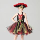Child wearing a pirate-themed costume with a red and black dress, gold accents, and a matching hat on a gray background.