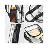 Clear bag with black straps and zippers, featuring a bottle and paper inside.