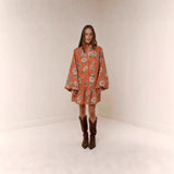 Digital Print Lantern Sleeve Linen Midi Dress – Loose Fit Pullover