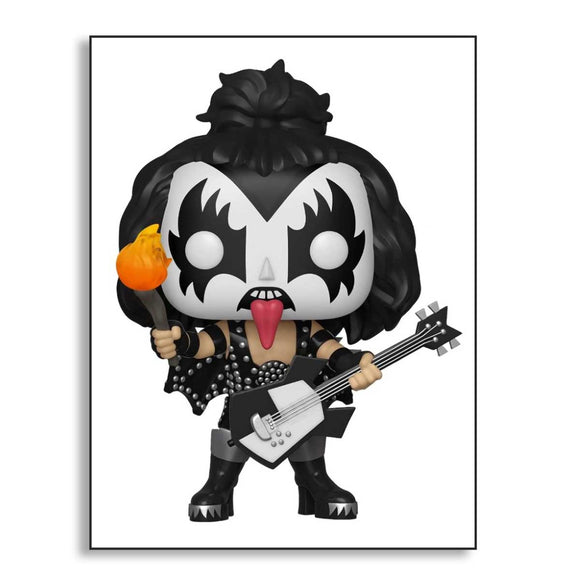 Funko Pop! vinyl figure of a character with black hair, white face paint, and holding a guitar on a white background.