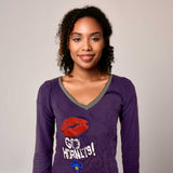 Go Hornets Purple V-Neck Long Sleeve T-Shirt, Womens Small