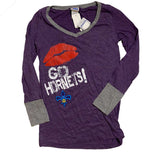 Go Hornets Purple V-Neck Long Sleeve T-Shirt, Womens Small