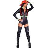 Woman in sexy firemans costume wearing a black leather outfit with red accents and  helmet.