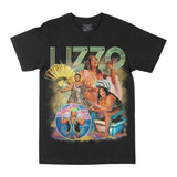 Black t-shirt with colorful graphic of a woman and the word 'Lizzo' 