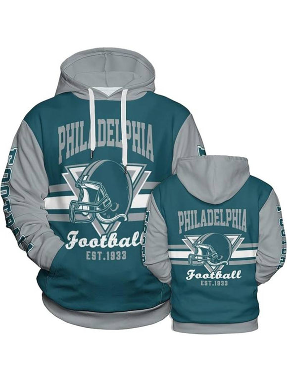 Teal and gray hoodie with Philadelphia Football design on a white background