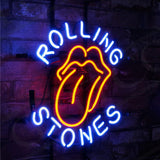 Neon sign with 'Rolling Stones' logo on a brick wall background