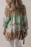 Buttoned V-Neck Floral Frill Trim Tiered Blouse