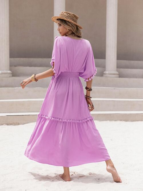 smocked v neck maxi dress Geo Print Smocked V-Neck Maxi Dress
